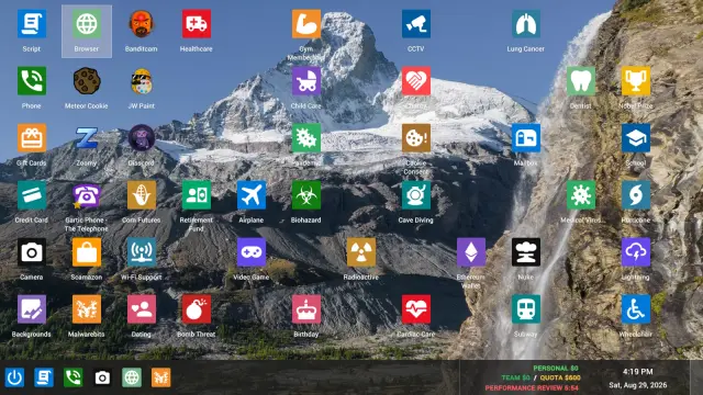 Fictional desktop with a Browser icon and other application shortcuts